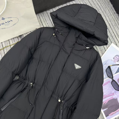 Prada 2025 Drawstring Waist Hooded Jacket Black Down Polyester