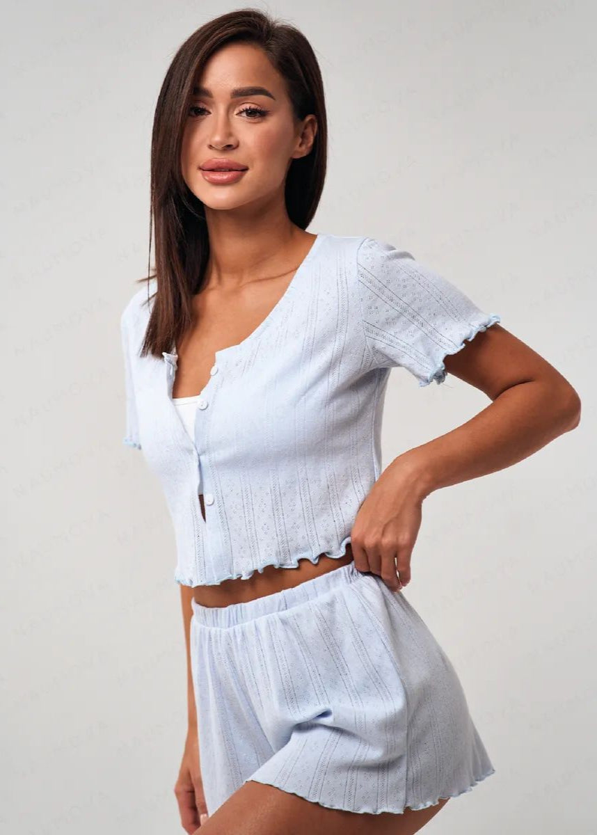 Short Sleeve Lounge Set Cotton Polyester Blend