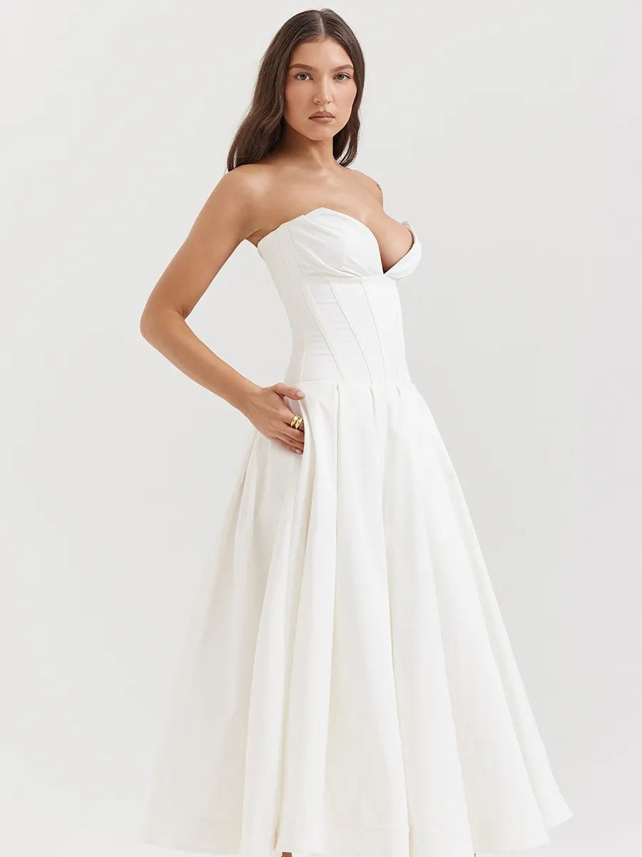 Aria Off-Shoulder Corset Midi Dress In White