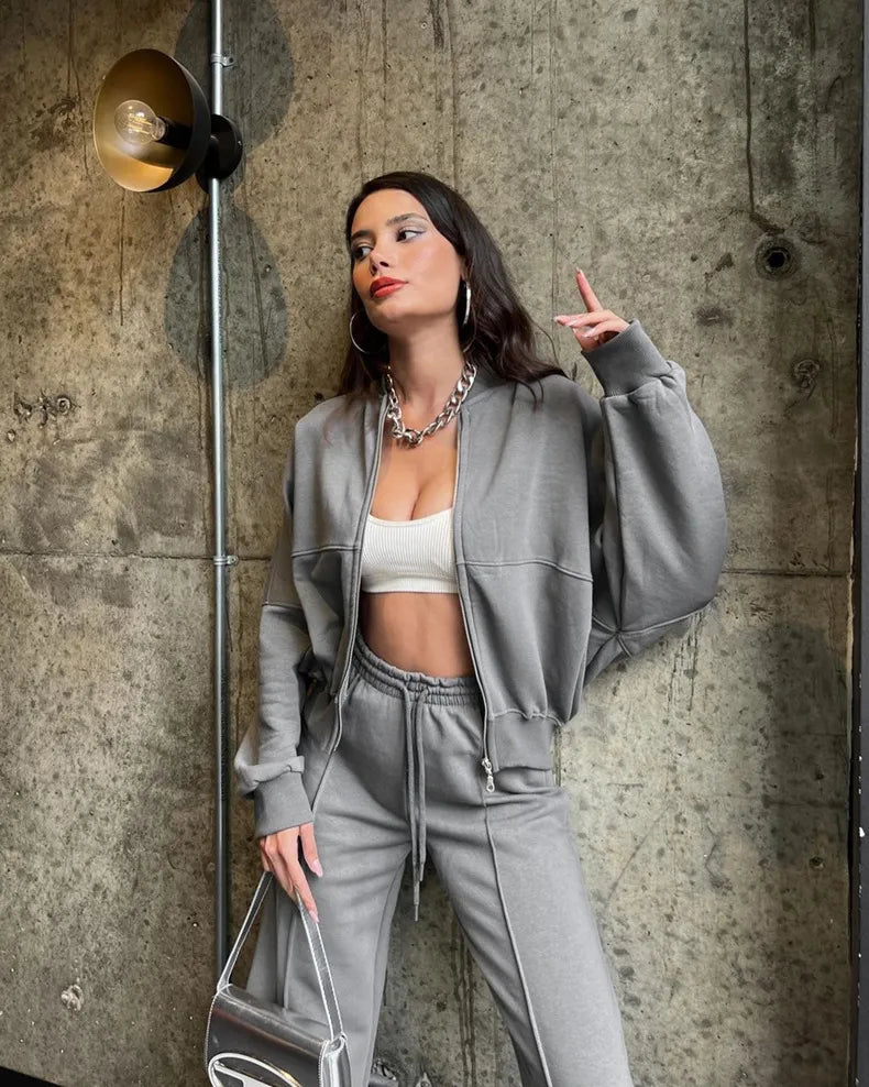 Zip Up Cardigan And Wide Leg Cotton Trousers Set