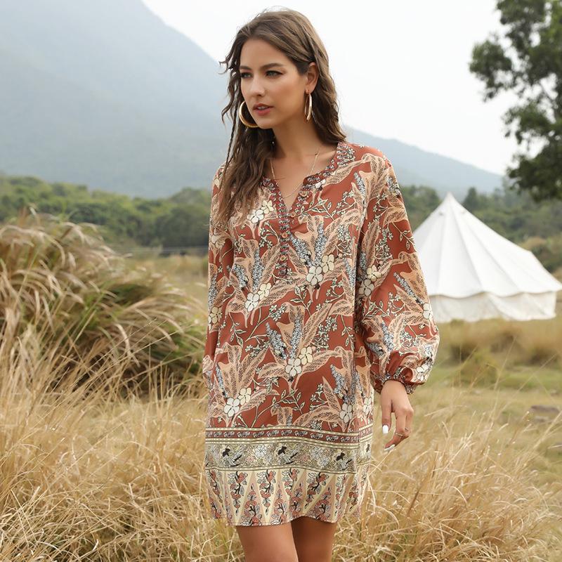 Summer And Spring Bohemian V-Neck Casual Dress Printed Dress Medium Length Skirt