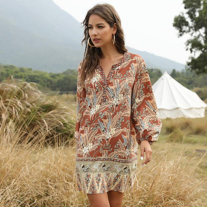 Summer And Spring Bohemian V-Neck Casual Dress Printed Dress Medium Length Skirt