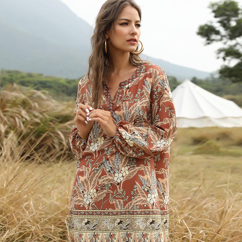 Summer And Spring Bohemian V-Neck Casual Dress Printed Dress Medium Length Skirt