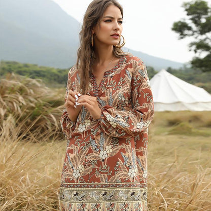 Summer And Spring Bohemian V-Neck Casual Dress Printed Dress Medium Length Skirt
