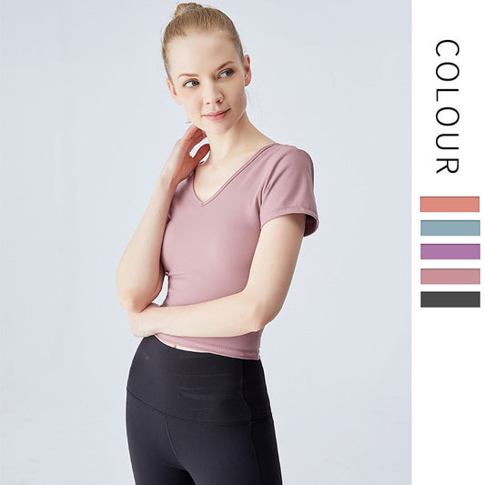 Yoga Clothes With Chest Pads, Sports T-Shirts, Women'S Cross-Backs, Tight-Fitting Short Sleeves And Quick-Drying Fitness Clothes