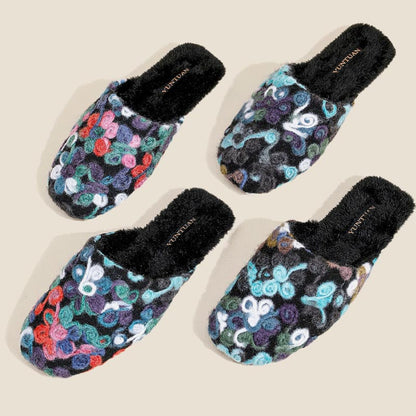 Flower Embroidery Soft Warm Plush Indoor Slippers