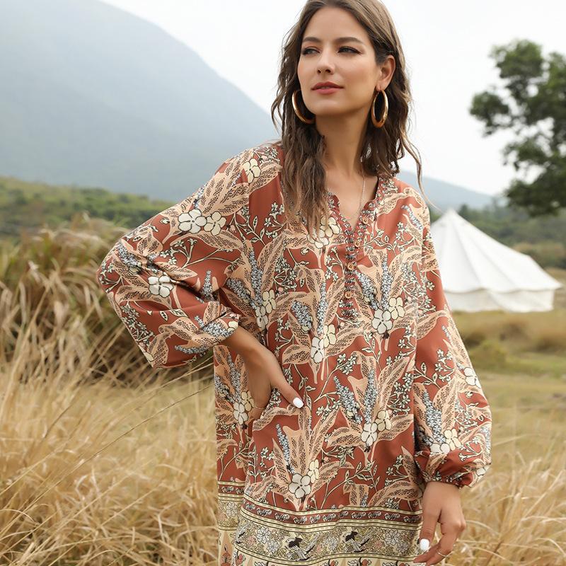 Summer And Spring Bohemian V-Neck Casual Dress Printed Dress Medium Length Skirt