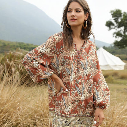 Summer And Spring Bohemian V-Neck Casual Dress Printed Dress Medium Length Skirt