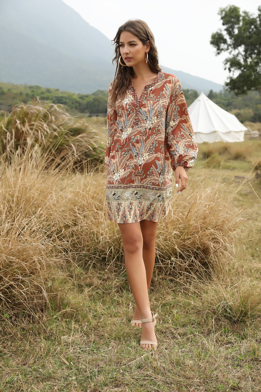 Summer And Spring Bohemian V-Neck Casual Dress Printed Dress Medium Length Skirt