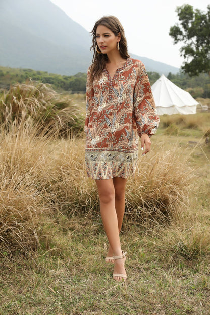 Summer And Spring Bohemian V-Neck Casual Dress Printed Dress Medium Length Skirt