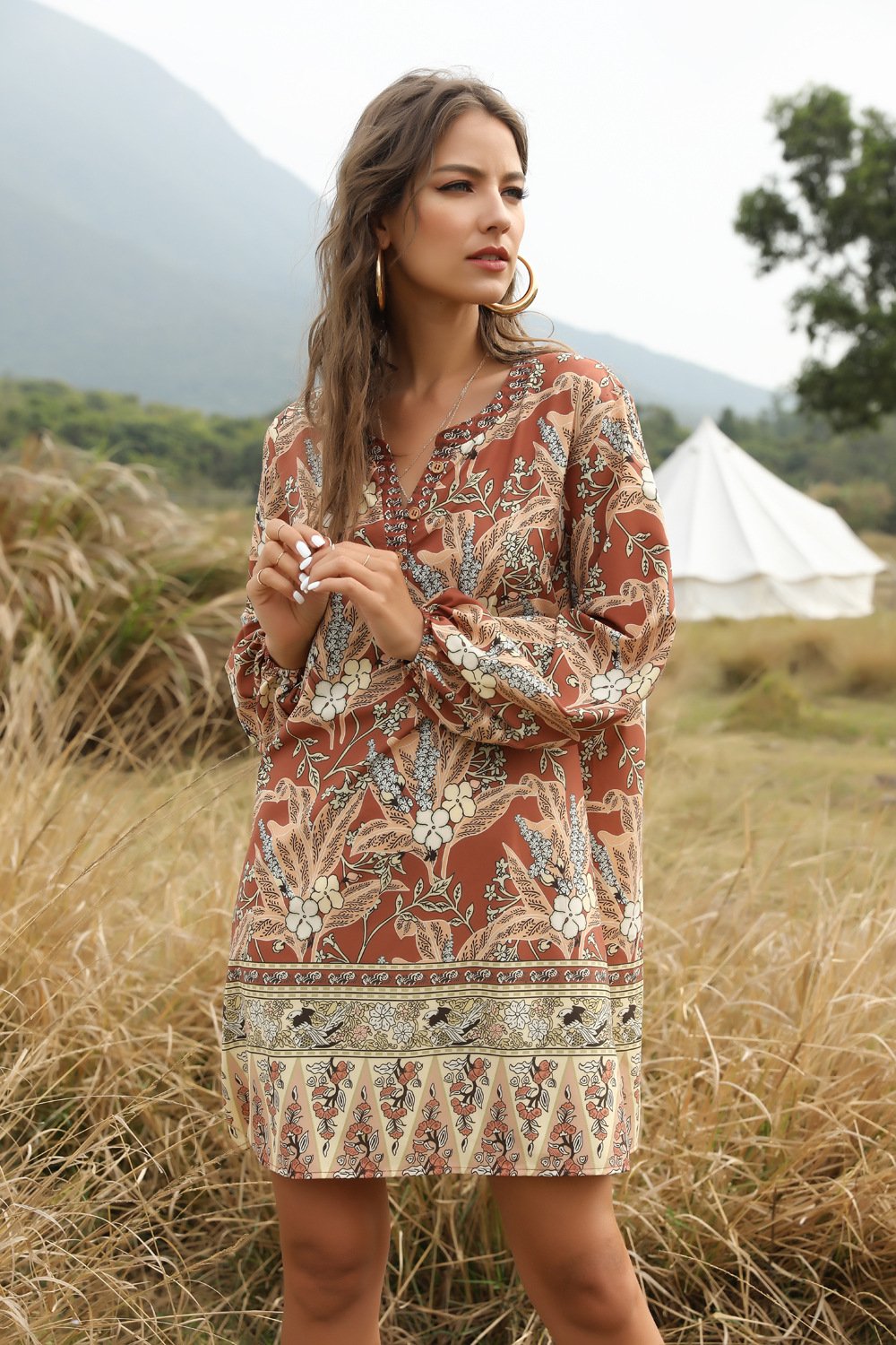 Summer And Spring Bohemian V-Neck Casual Dress Printed Dress Medium Length Skirt