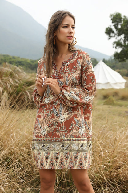 Summer And Spring Bohemian V-Neck Casual Dress Printed Dress Medium Length Skirt