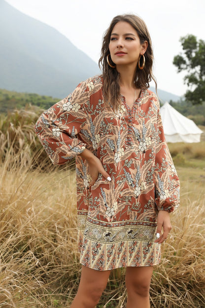 Summer And Spring Bohemian V-Neck Casual Dress Printed Dress Medium Length Skirt