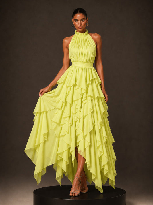 Eliana Ruffled Halter-Neck Midi Dress with Cinched Waist In Yellow