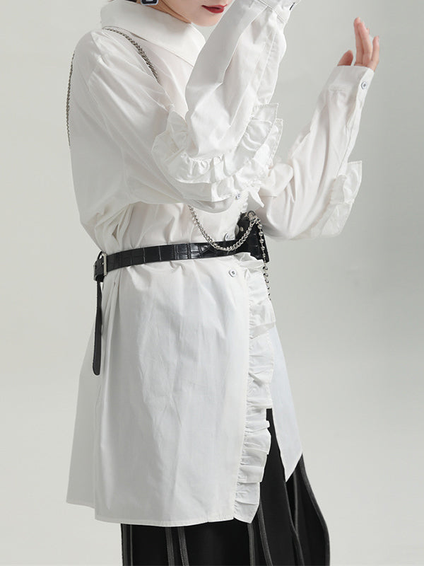 Loose Solid Color Ruffled Irregularity Buttoned Blouses