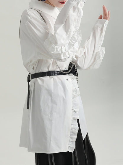 Loose Solid Color Ruffled Irregularity Buttoned Blouses
