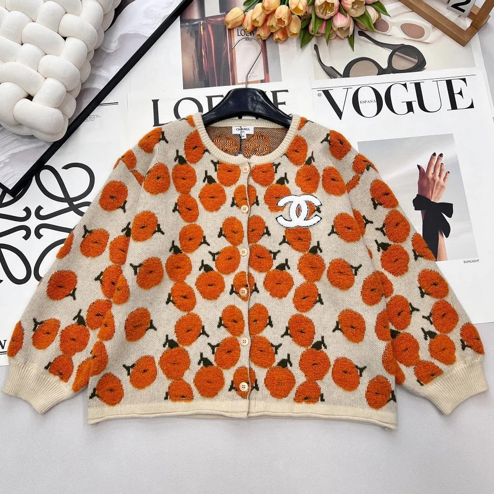 CC 26 Floral Pattern Cardigan Orange Beige Wool Cashmere 785282