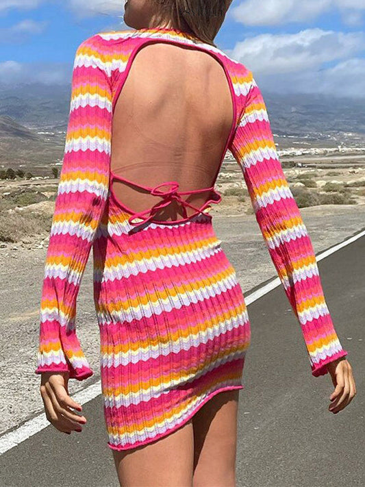 Long Sleeves Skinny Backless Contrast Color Tied Round-Neck Knit Dresses Mini Dresses