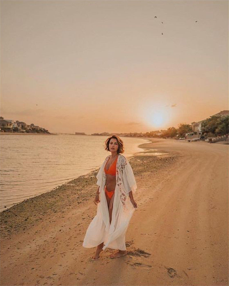 Lace Embroidered Ruffled Chiffon Pullover With Beach Jersey Bikini Blouse