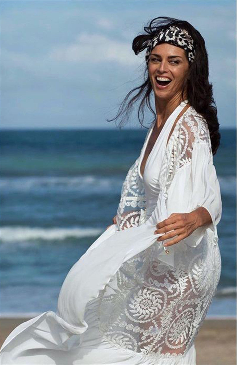 Lace Embroidered Ruffled Chiffon Pullover With Beach Jersey Bikini Blouse