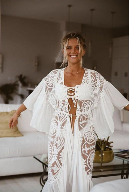 Lace Embroidered Ruffled Chiffon Pullover With Beach Jersey Bikini Blouse