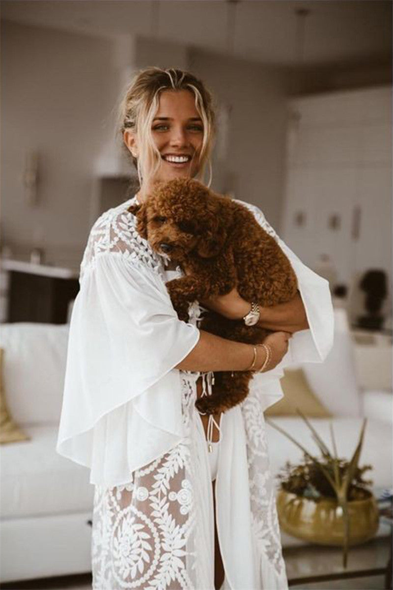 Lace Embroidered Ruffled Chiffon Pullover With Beach Jersey Bikini Blouse