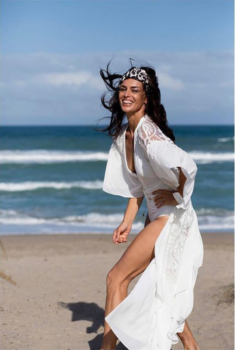 Lace Embroidered Ruffled Chiffon Pullover With Beach Jersey Bikini Blouse