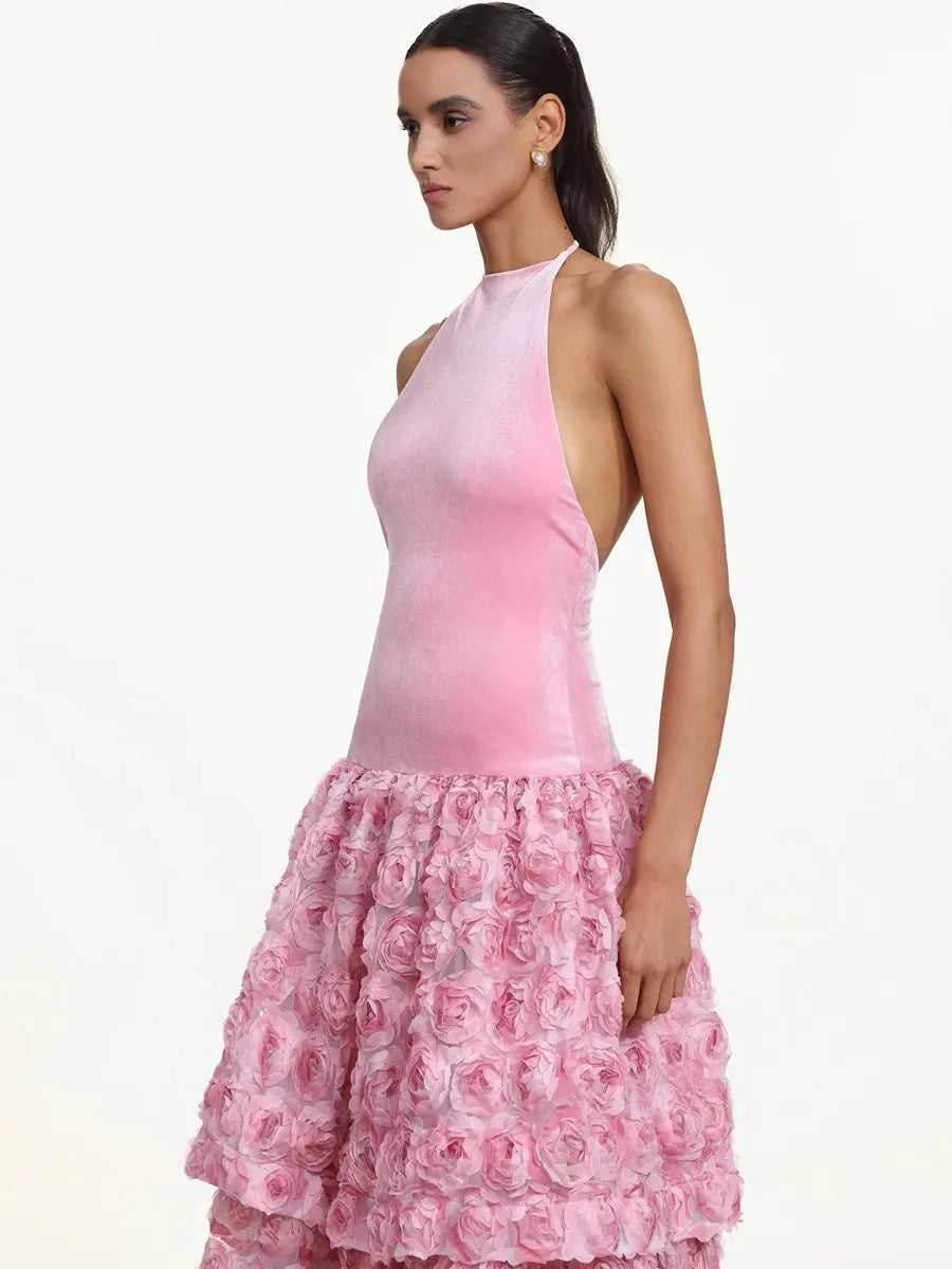 Briar Romantic Contour Halter Floral Velvet Maxi Dress