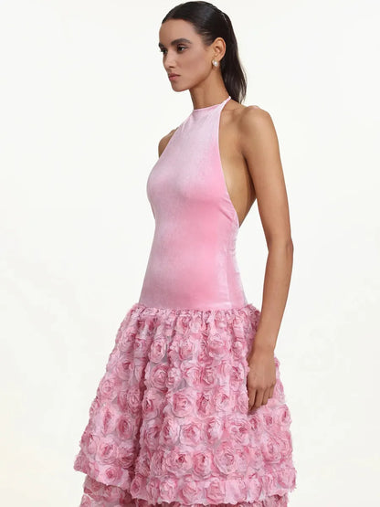 Briar Romantic Contour Halter Floral Velvet Maxi Dress
