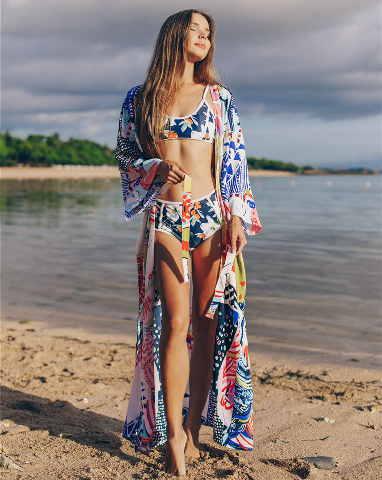 Printed Loose Beach Sunscreen Holiday Long Beach Bikini Cover Up