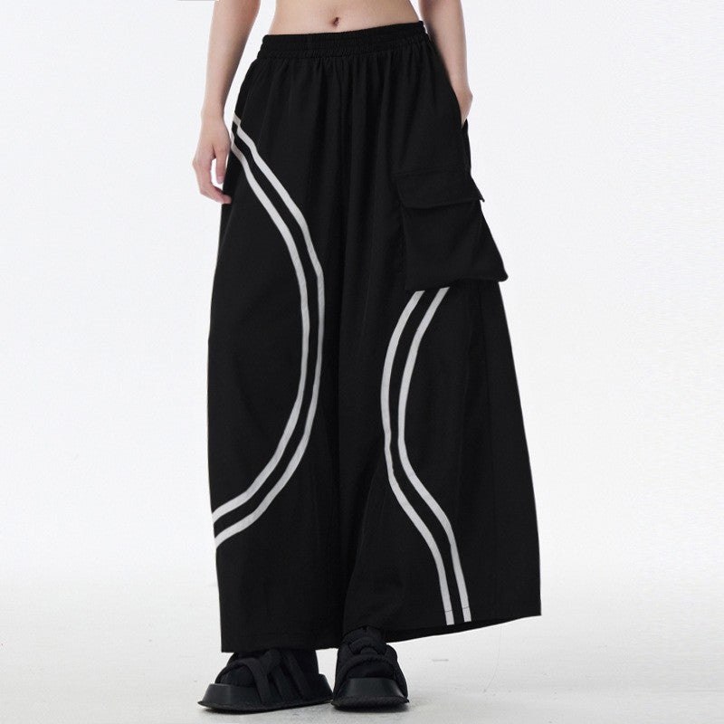 Striped Patch Pocket Loose Wide Leg Elastic Waist Pants