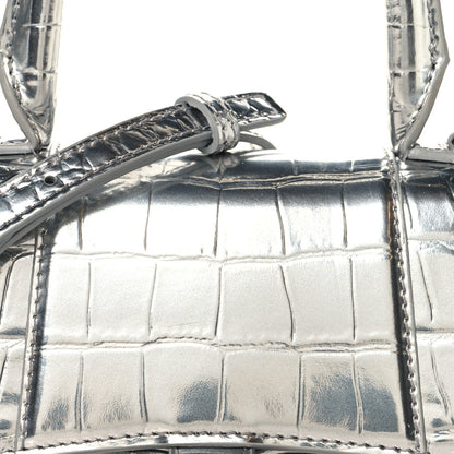 Metallic Calfskin Crocodile Embossed Crystal Hourglass Top Handle Bag XS Silver