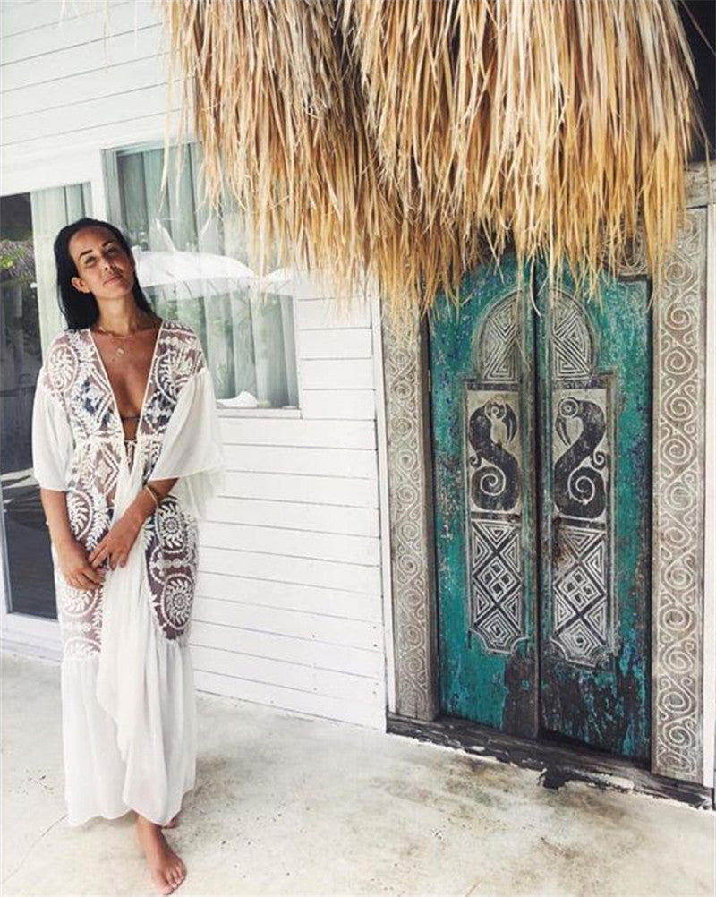 Lace Embroidered Ruffled Chiffon Pullover With Beach Jersey Bikini Blouse