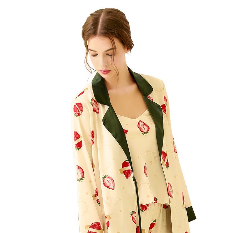 Three-Piece Set Spring And Autumn Ice Silk Pajama Set Women'S Printed Cute Strawberry Long Sleeve Cardigan Silk Strap Home Service Thin