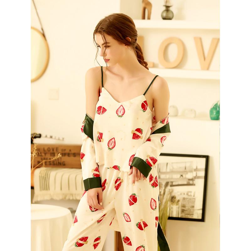 Three-Piece Set Spring And Autumn Ice Silk Pajama Set Women'S Printed Cute Strawberry Long Sleeve Cardigan Silk Strap Home Service Thin