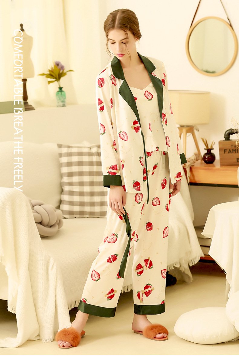 Three-Piece Set Spring And Autumn Ice Silk Pajama Set Women'S Printed Cute Strawberry Long Sleeve Cardigan Silk Strap Home Service Thin