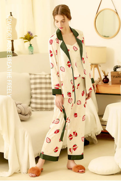 Three-Piece Set Spring And Autumn Ice Silk Pajama Set Women'S Printed Cute Strawberry Long Sleeve Cardigan Silk Strap Home Service Thin
