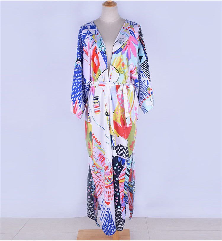 Printed Loose Beach Sunscreen Holiday Long Beach Bikini Cover Up