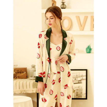 Three-Piece Set Spring And Autumn Ice Silk Pajama Set Women'S Printed Cute Strawberry Long Sleeve Cardigan Silk Strap Home Service Thin