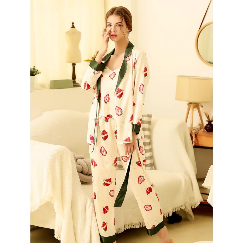 Three-Piece Set Spring And Autumn Ice Silk Pajama Set Women'S Printed Cute Strawberry Long Sleeve Cardigan Silk Strap Home Service Thin
