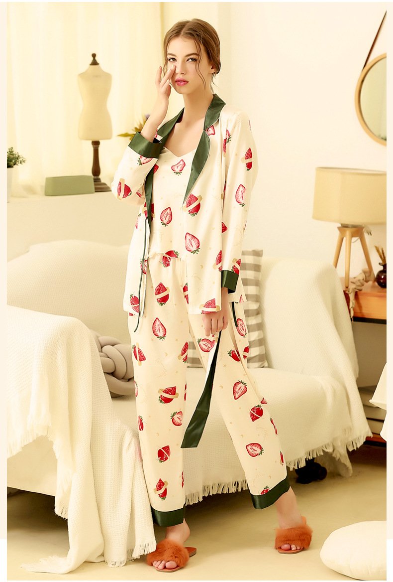 Three-Piece Set Spring And Autumn Ice Silk Pajama Set Women'S Printed Cute Strawberry Long Sleeve Cardigan Silk Strap Home Service Thin