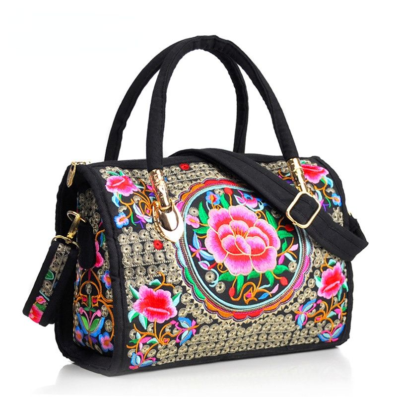 Ethnic Style Embroidered Portable Cross-Body Drum Bag Canvas Embroidered Cloth Bag Travel One-Shoulder Portable Women'S Bag