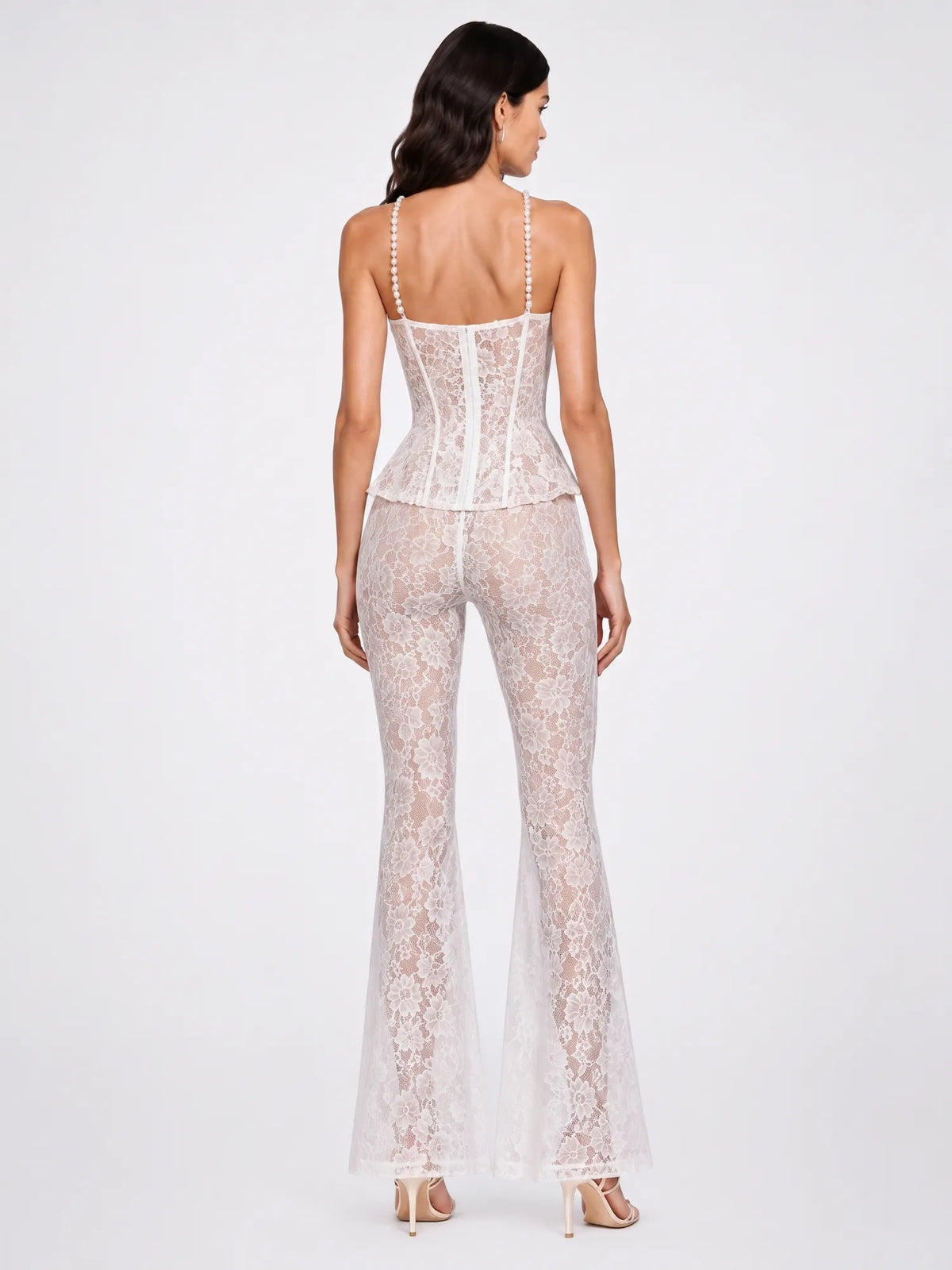 Annabel Lace Embroidery and Pearl-Strap Top with Trousers Set