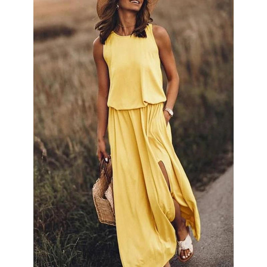 Round Neck Sleeveless Dress Split Solid Color Dress Women
