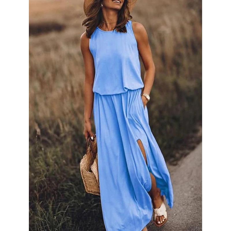 Round Neck Sleeveless Dress Split Solid Color Dress Women