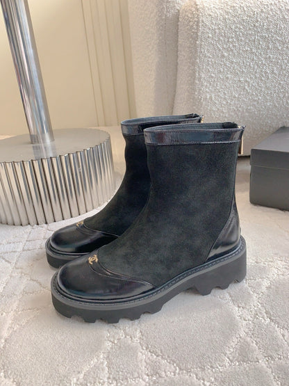 CC New Platform Ankle Boots Black Suede Glossy Sheepskin