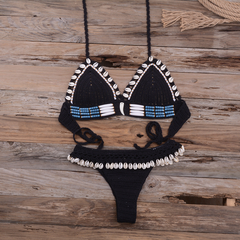 Handmade Shell Woven Gather Sexy Beach Vacation Split Swimsuit Women'S Suit