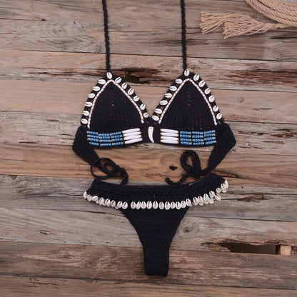 Handmade Shell Woven Gather Sexy Beach Vacation Split Swimsuit Women'S Suit