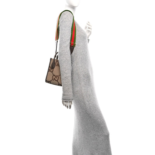 Monogram Jumbo GG Textured Dollar Calfskin Web Mini Vertical Tote Camel Ebony New Acero