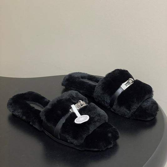Hermes Giulia Kelly Buckle H-Slippers Black in Wool 594329